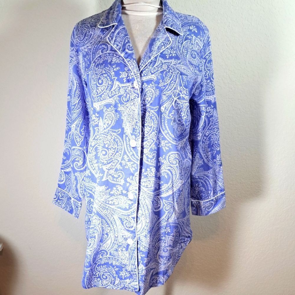 Chaps Women's Nighshirt Blue & White Paisley Lounge Button Long Sleeve Small